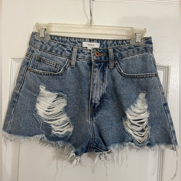 Forever21 High Rise Distressed Medium Wash Denim Shorts — 24 - Picture 2 of 6